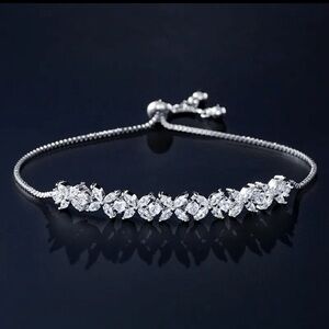 Classic Shiny 925 Sterling Silver Zircon Flowers Adjustable Charm Bracelet